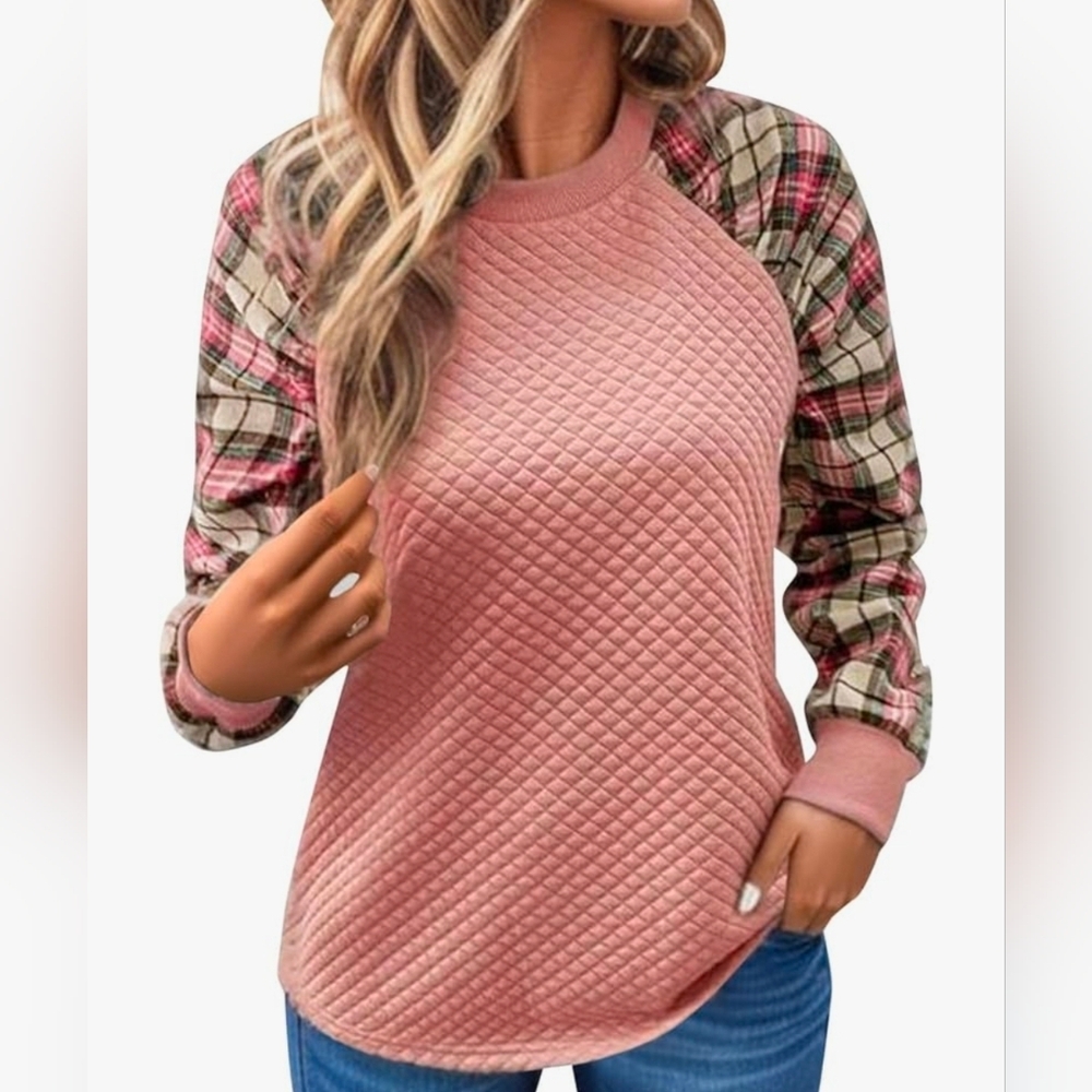 Women's Textured Pink Shirt with Plaid Sleeves Size LARGE